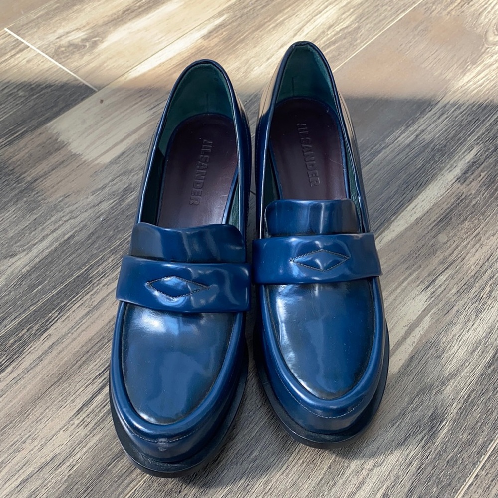 Jil Sander Blue Leather Loafer Block Heel Pumps